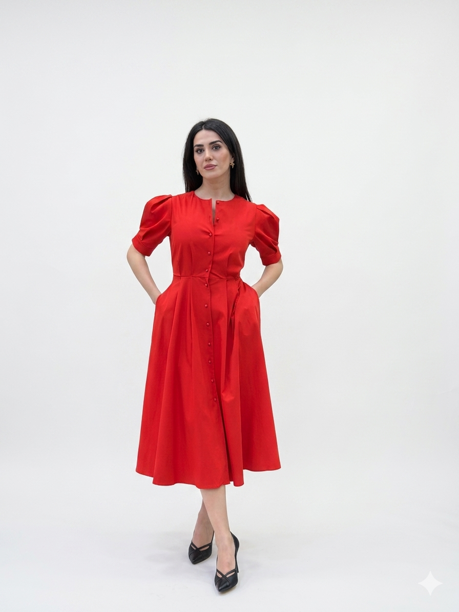 Qırmızı Elegant Düyməli Don